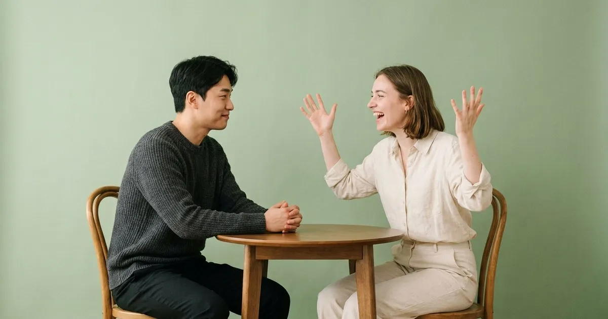 마주 앉은 원어민 선생님은 손짓하며 말하고 학습자는 손을 모은 채 듣고 있다